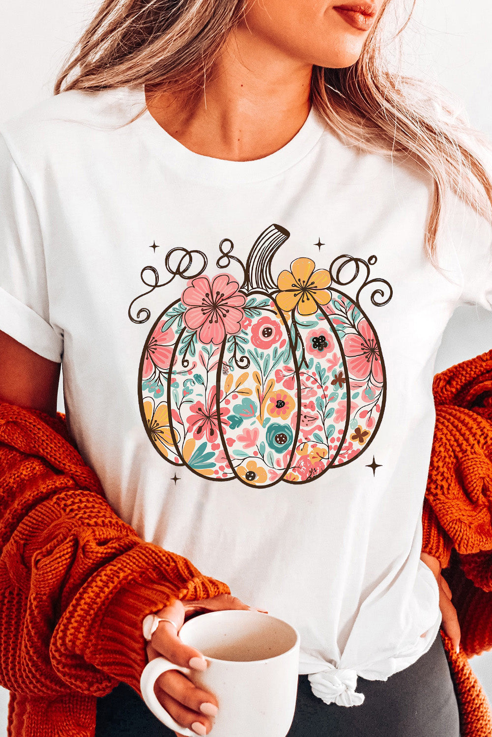 White Floral Pumpkin Print Cotton Blend T Shirt