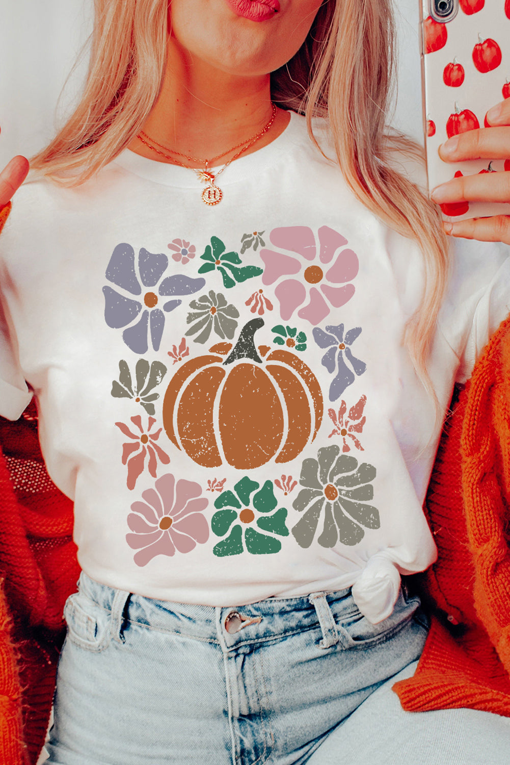 White Flower Pumpkin Distressed Graphic T Shirt