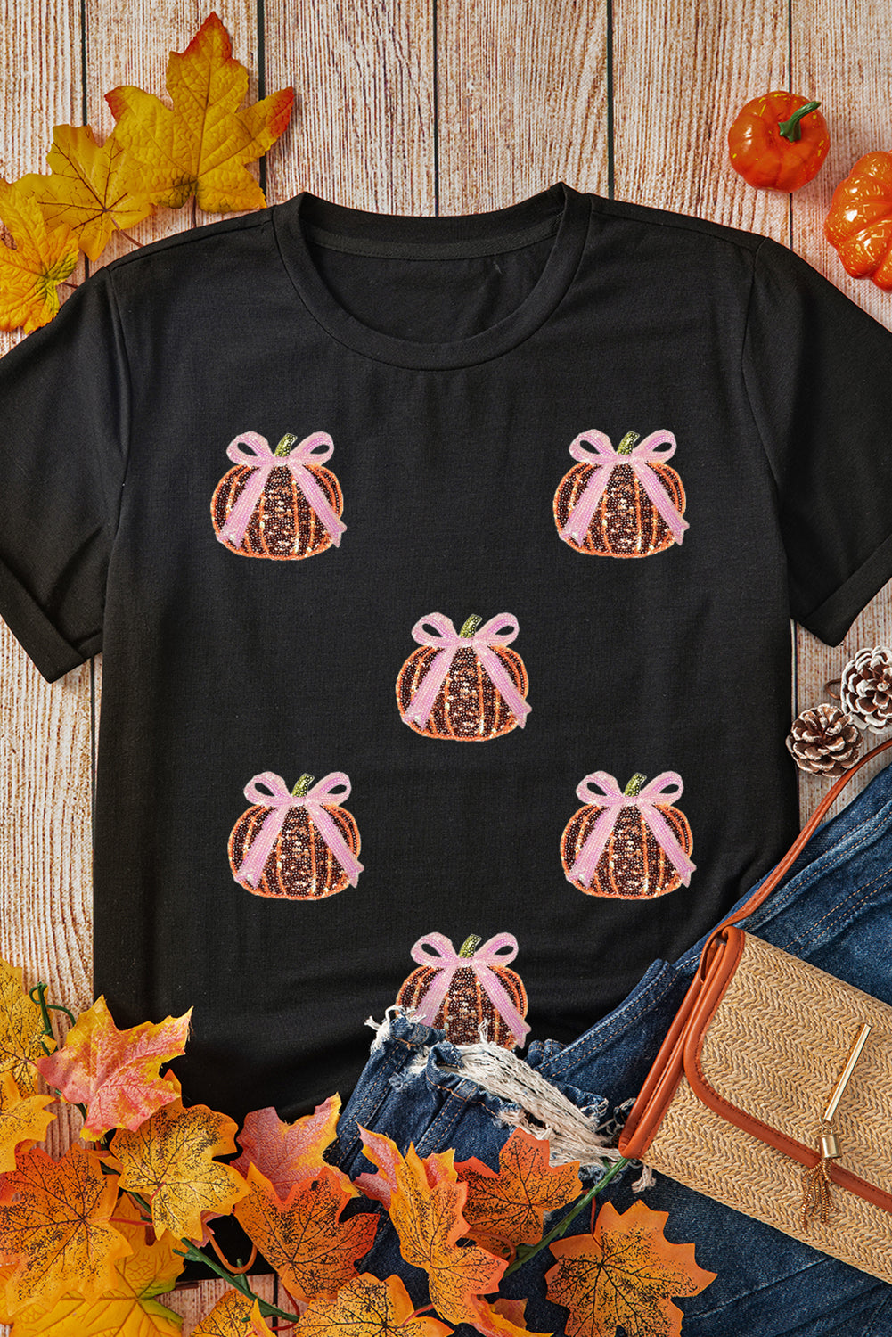 Black Sequin Bow Pumpkin Patched Cotton Blend T Shirt