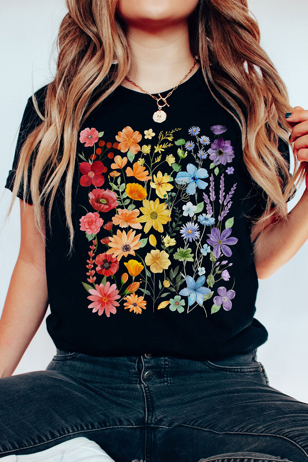 Black Flower Print Cotton Blend Casual Tee