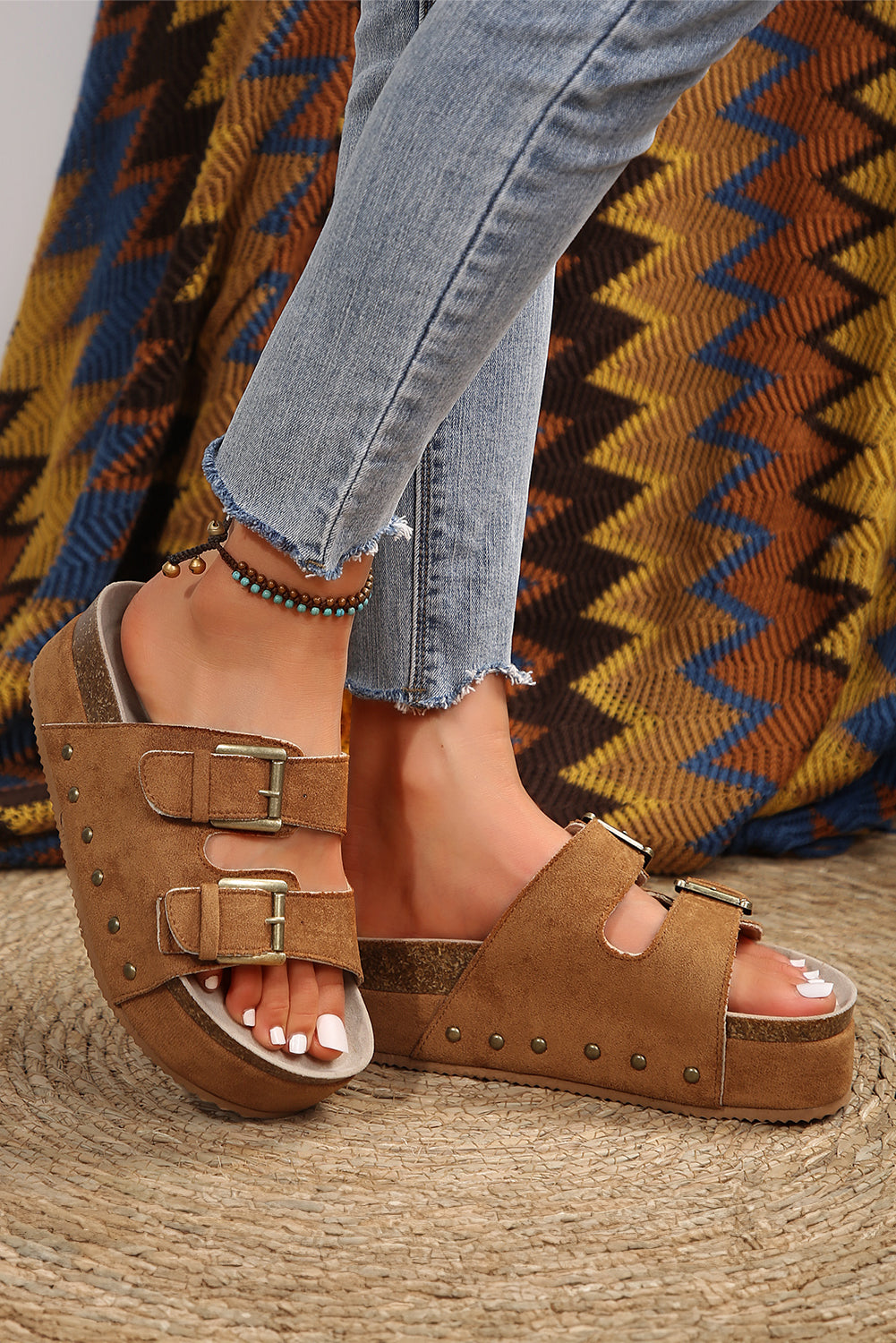 Chestnut Suede Buckle Corky Platform Slides Shoes