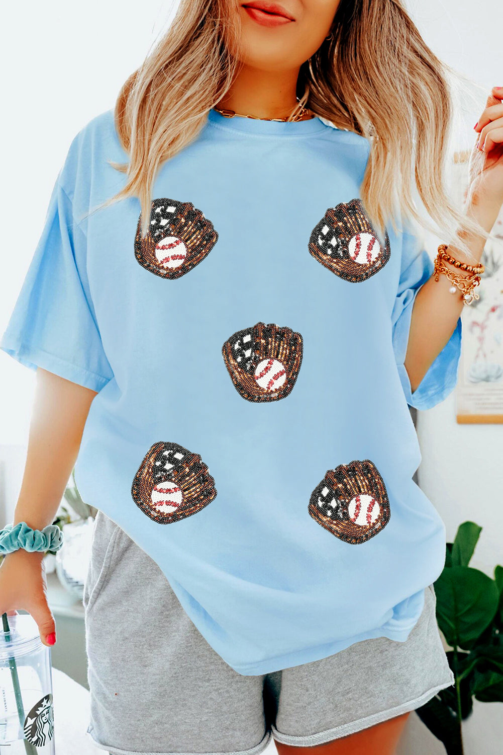 Light Blue Baseball Sequin Patched Casual T Shirt