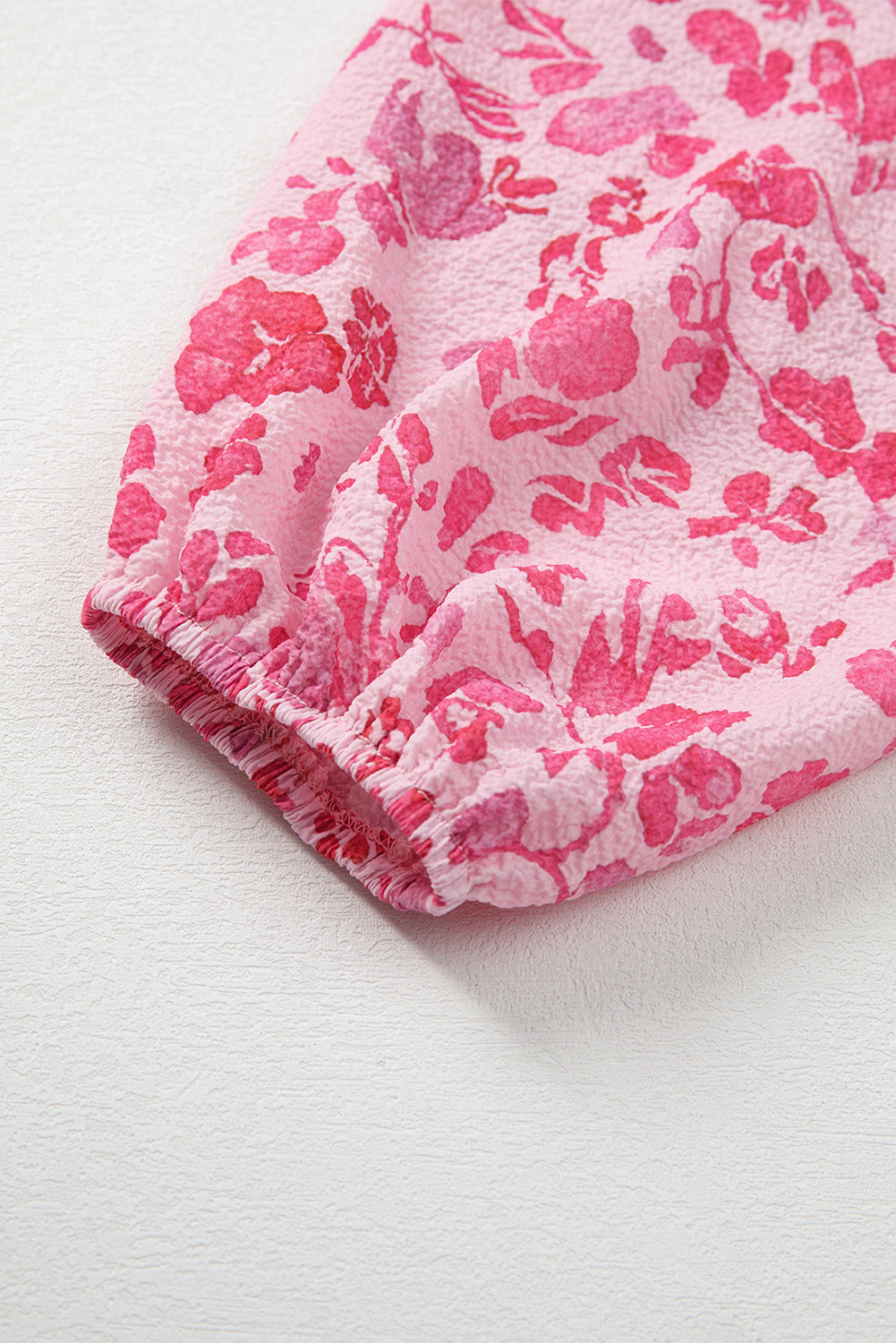 Pink Floral Puff Sleeve Split Neck Blouse