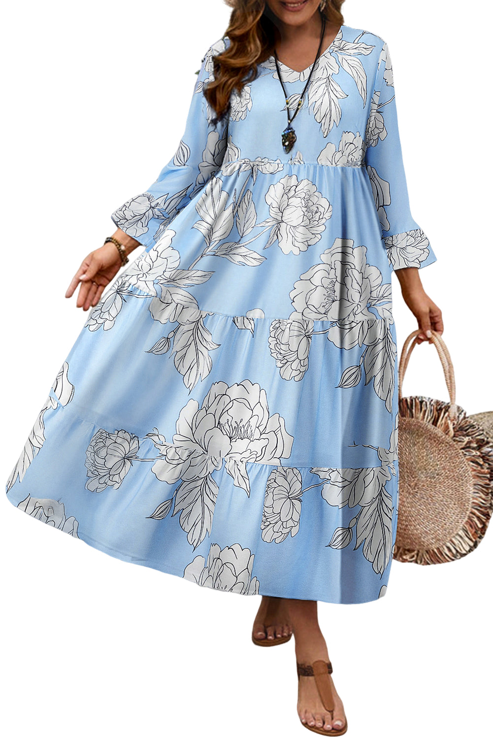 Sky Blue Floral Bell Sleeve V Neck Plus Size Tiered Maxi Dress