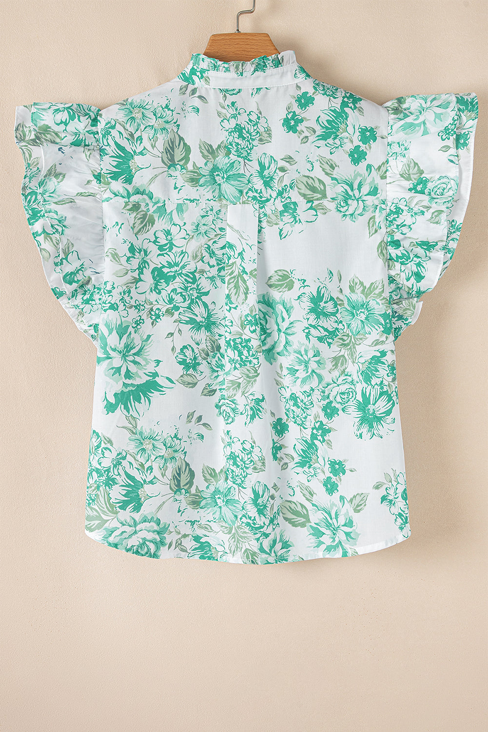Green Floral Print Ruffle Sleeve Frill Shirt