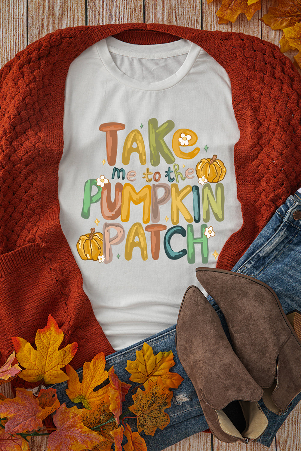 White Take Me To The Pumpkin Patch Cotton Blend T Shirt