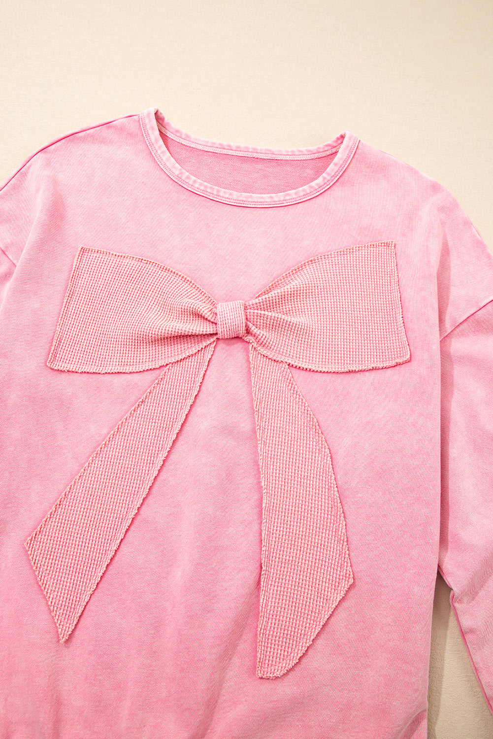 Bright Pink Mineral Wash Waffle Bow Patched Pullover Sweatshirt