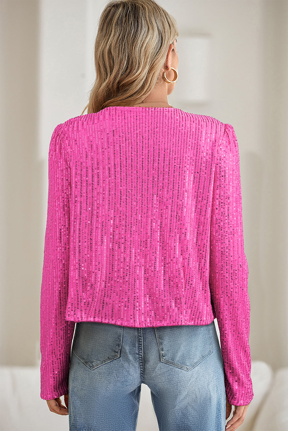 Bright Pink Sequin Round Neck Short Casual Jacket
