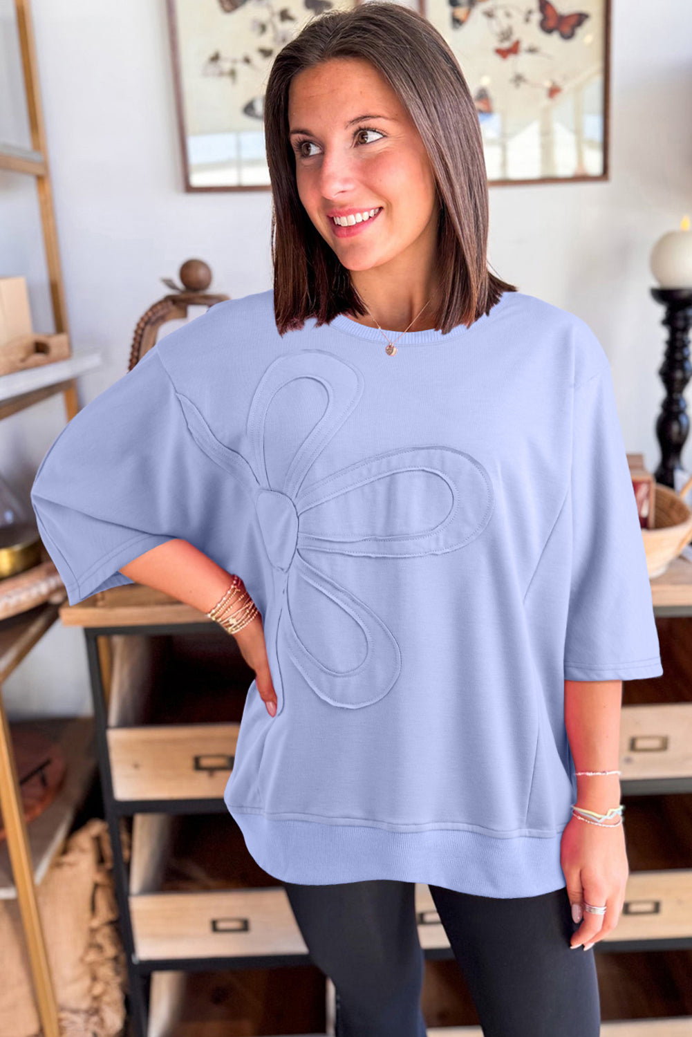Beau Blue Solid Color Floral Patched Half Sleeve Tunic Top