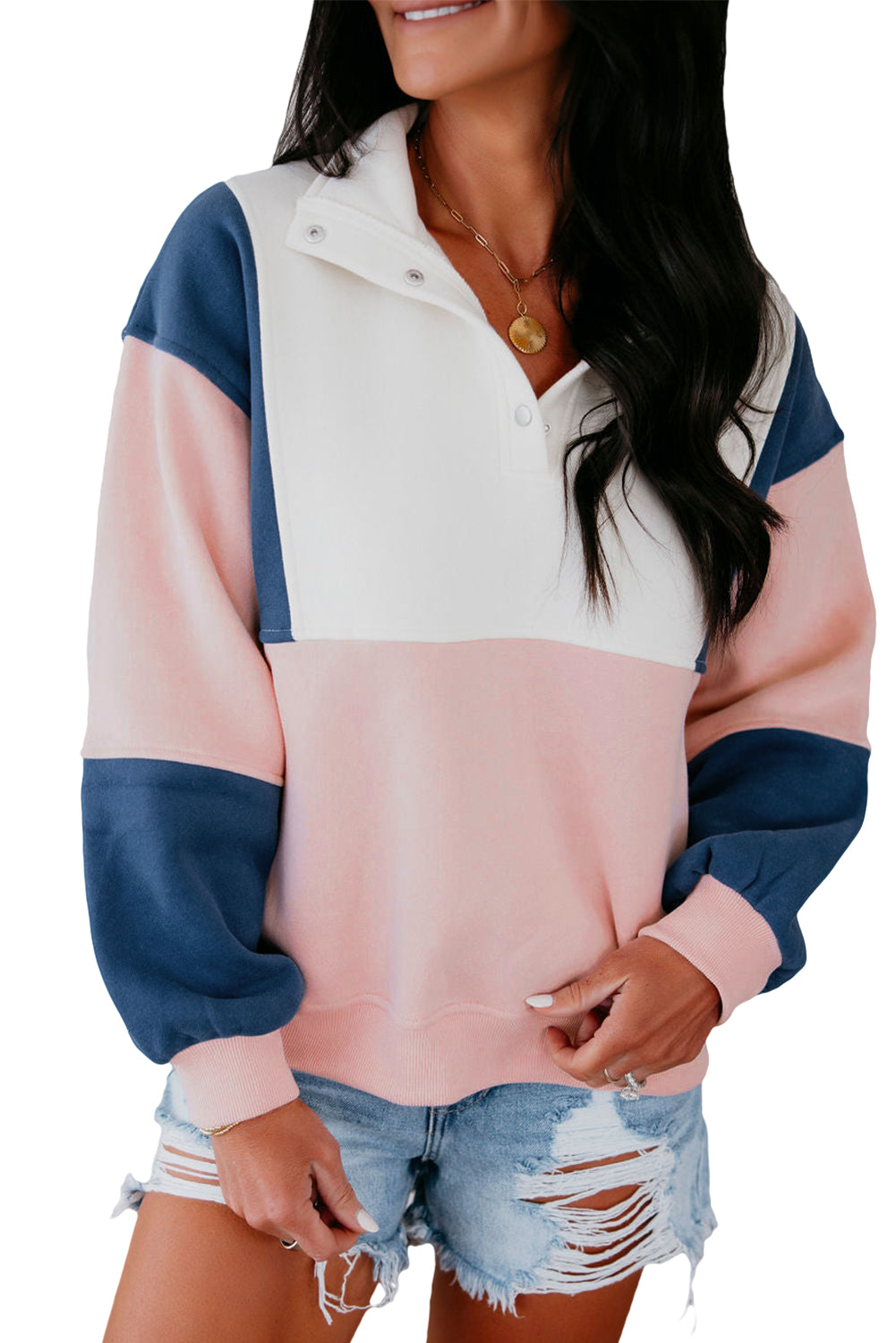 Pink Colorblock Patchwork Half Button Baggy Sweatshirt
