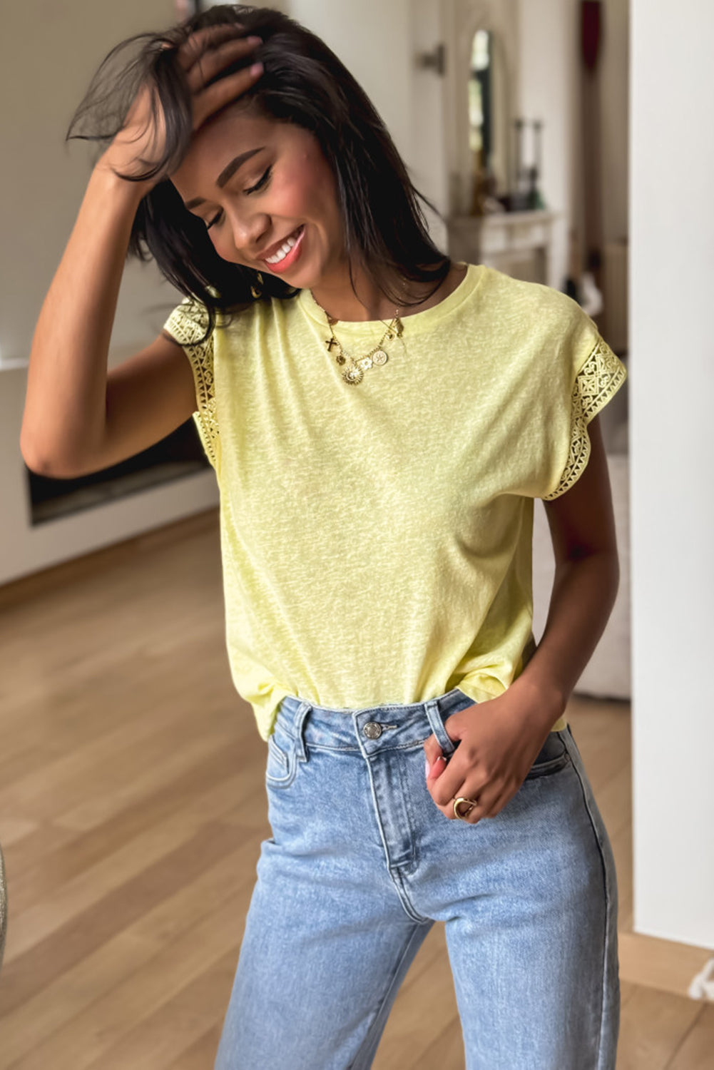 Yellow Cream Lace Patchwork Cap Sleeve Round Neck Top