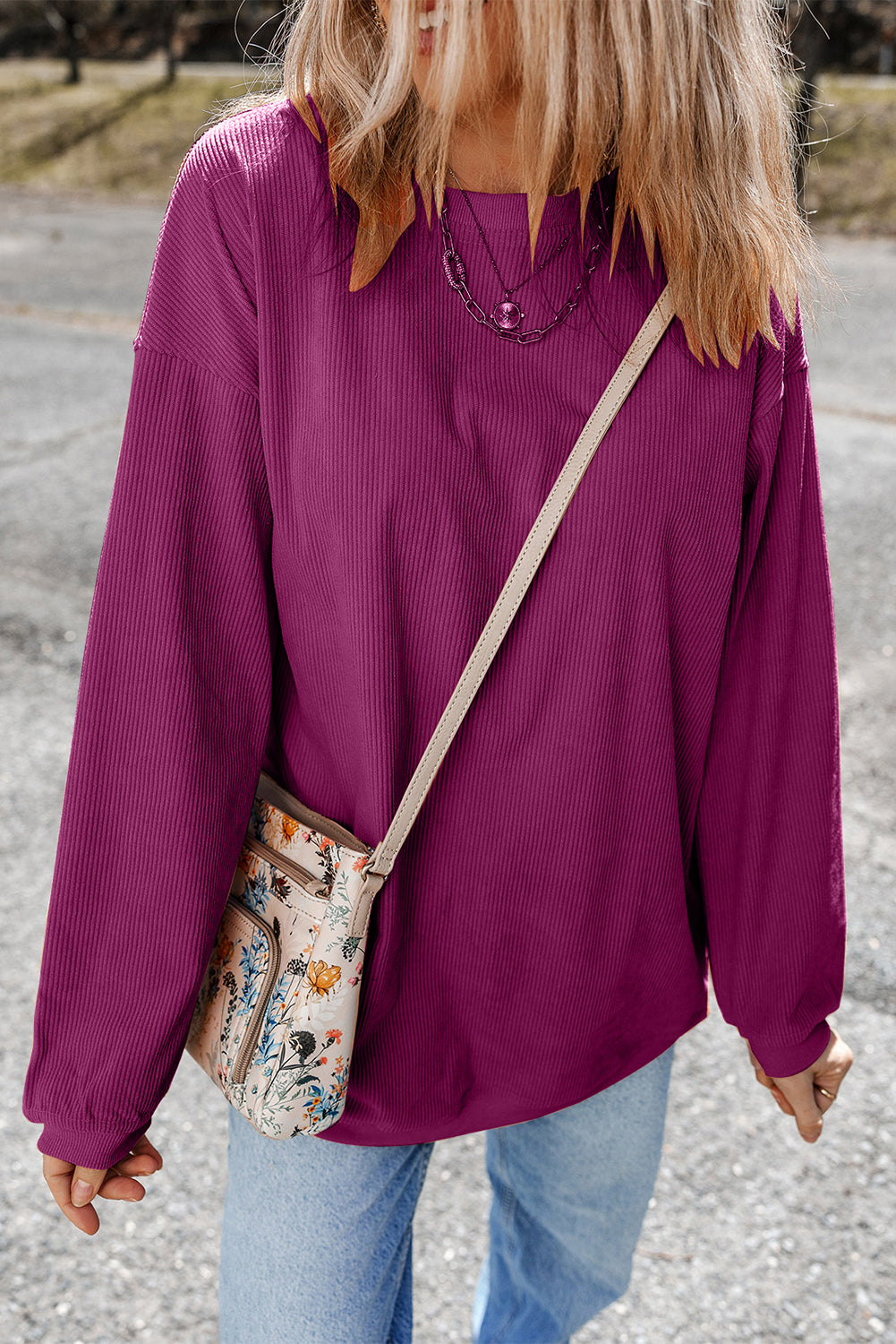 Festival Fuchsia Plain Drop Sleeve Rib Knit Oversized Sweatshirt