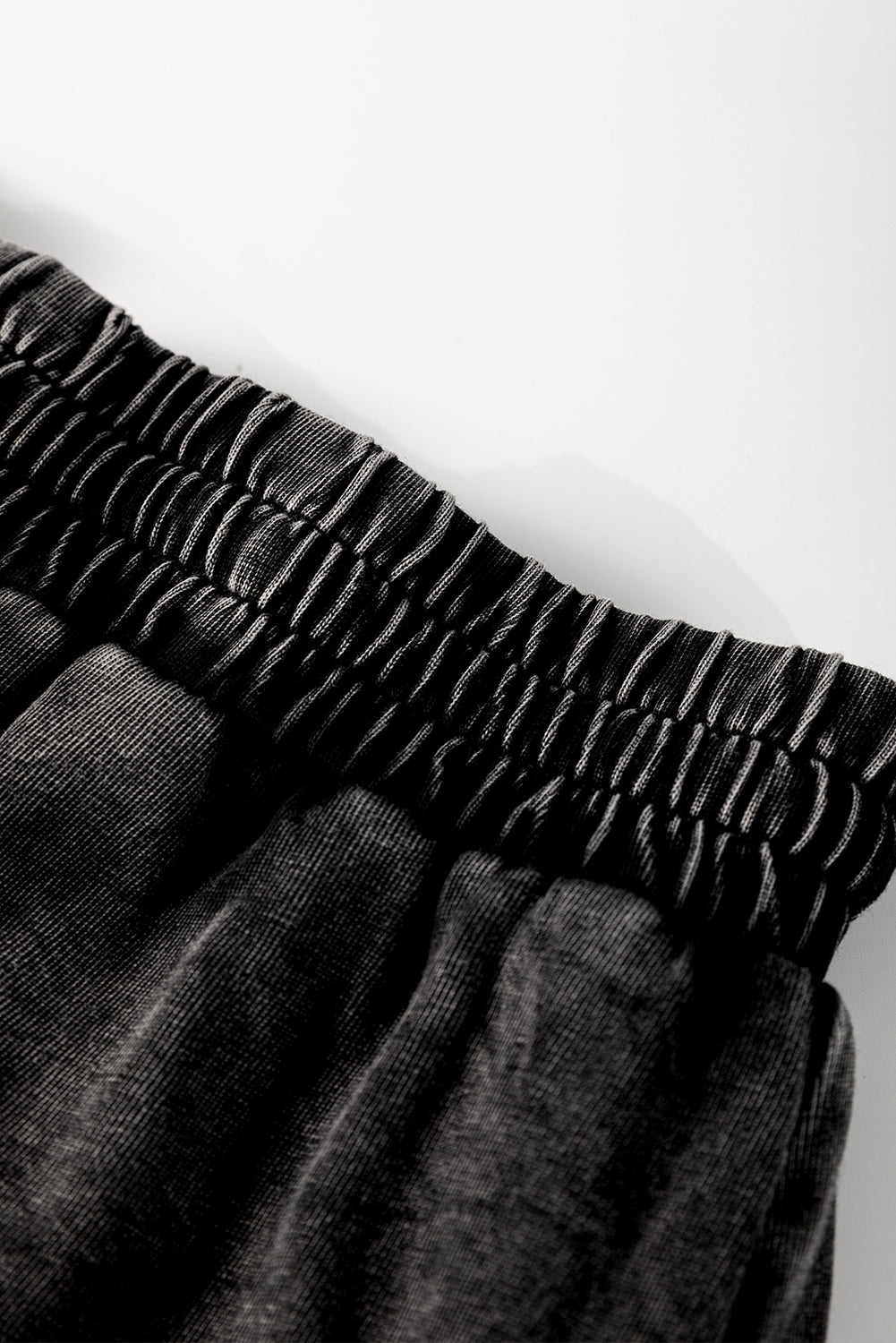 Black Mineral Wash French Terry Drawstring Elastic Waistband Casual Shorts