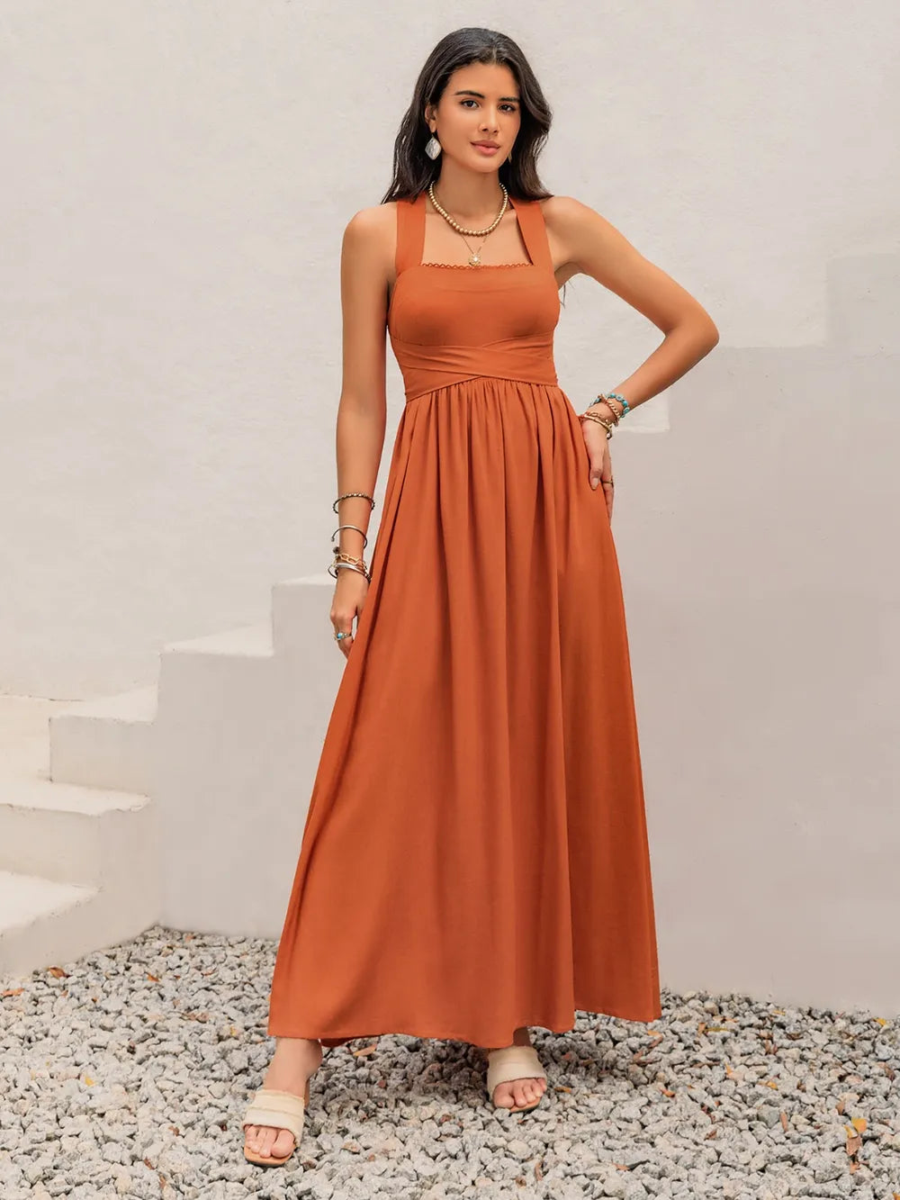 Crisscross Back Smocked Square Neck Maxi Dress