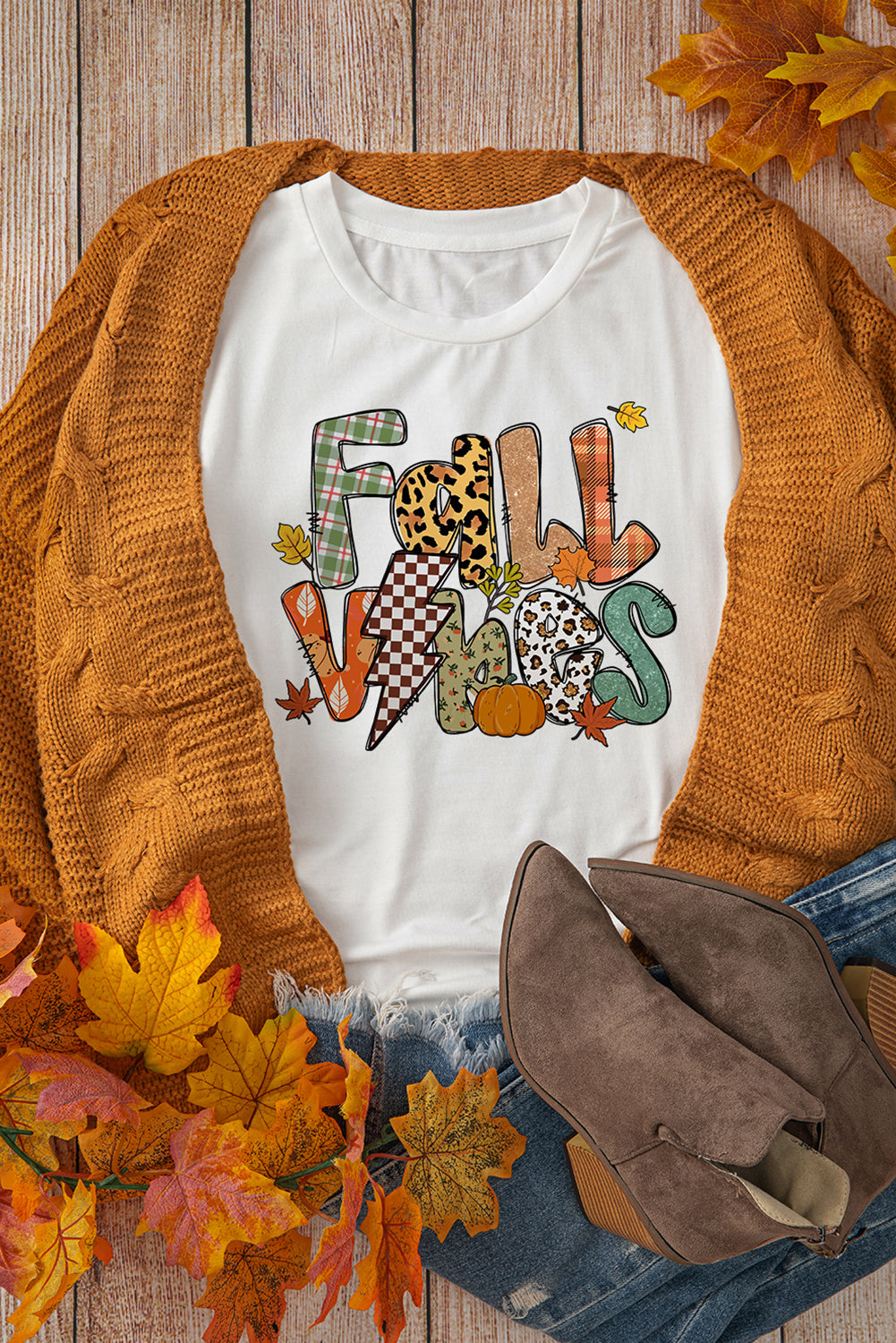 White FALL VIBES Cotton Blend Casual T Shirt