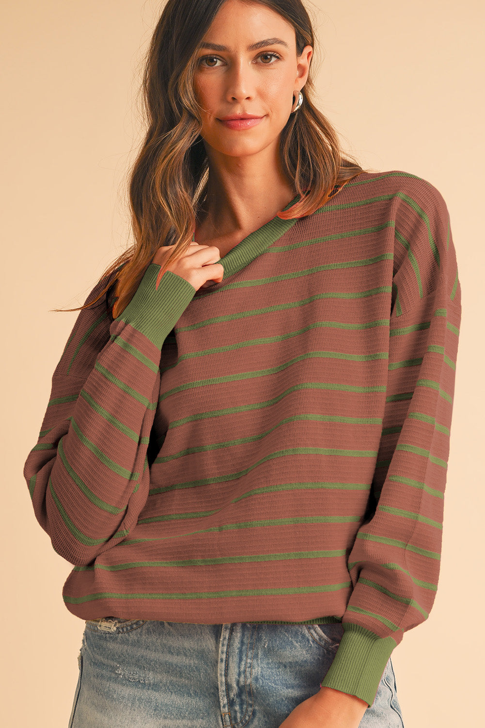 Brown Stripe Round Neck Drop Shoulder Loose Sweater