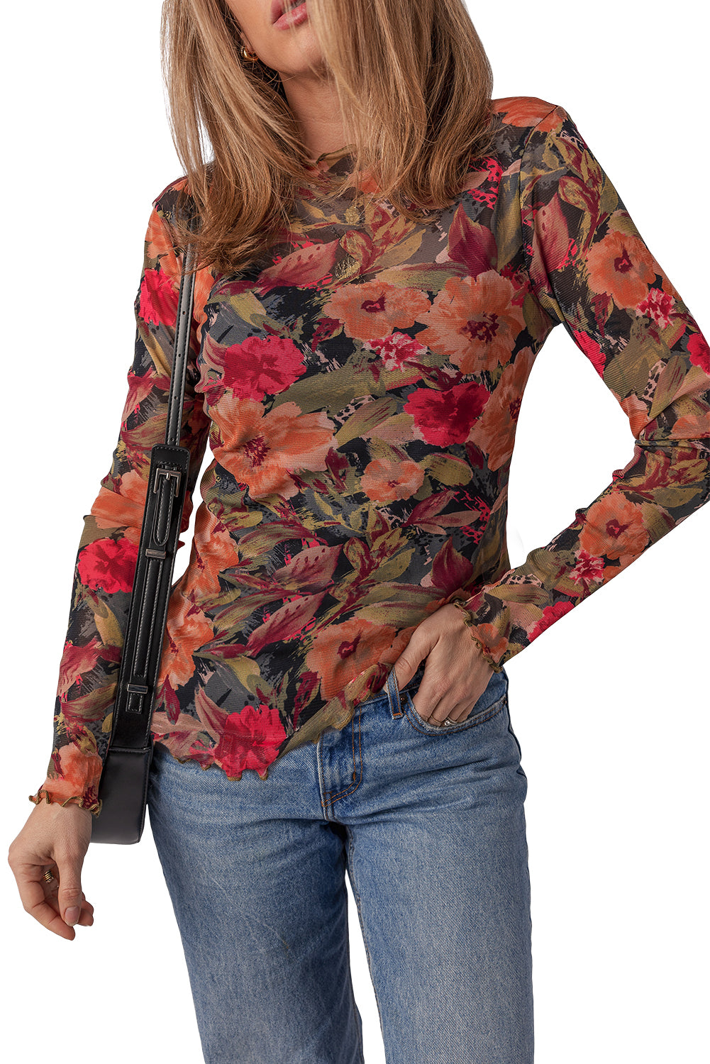 Multicolour Floral Print Lettuce Trim Long Sleeve Mesh Top
