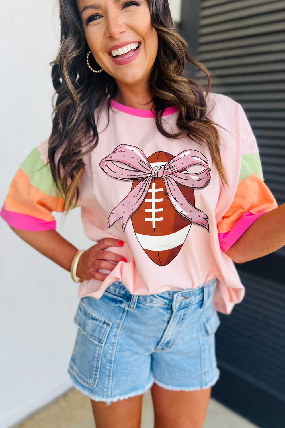 Pink Colorblock Sleeve Rhinestone Bow Football Print T Shirt