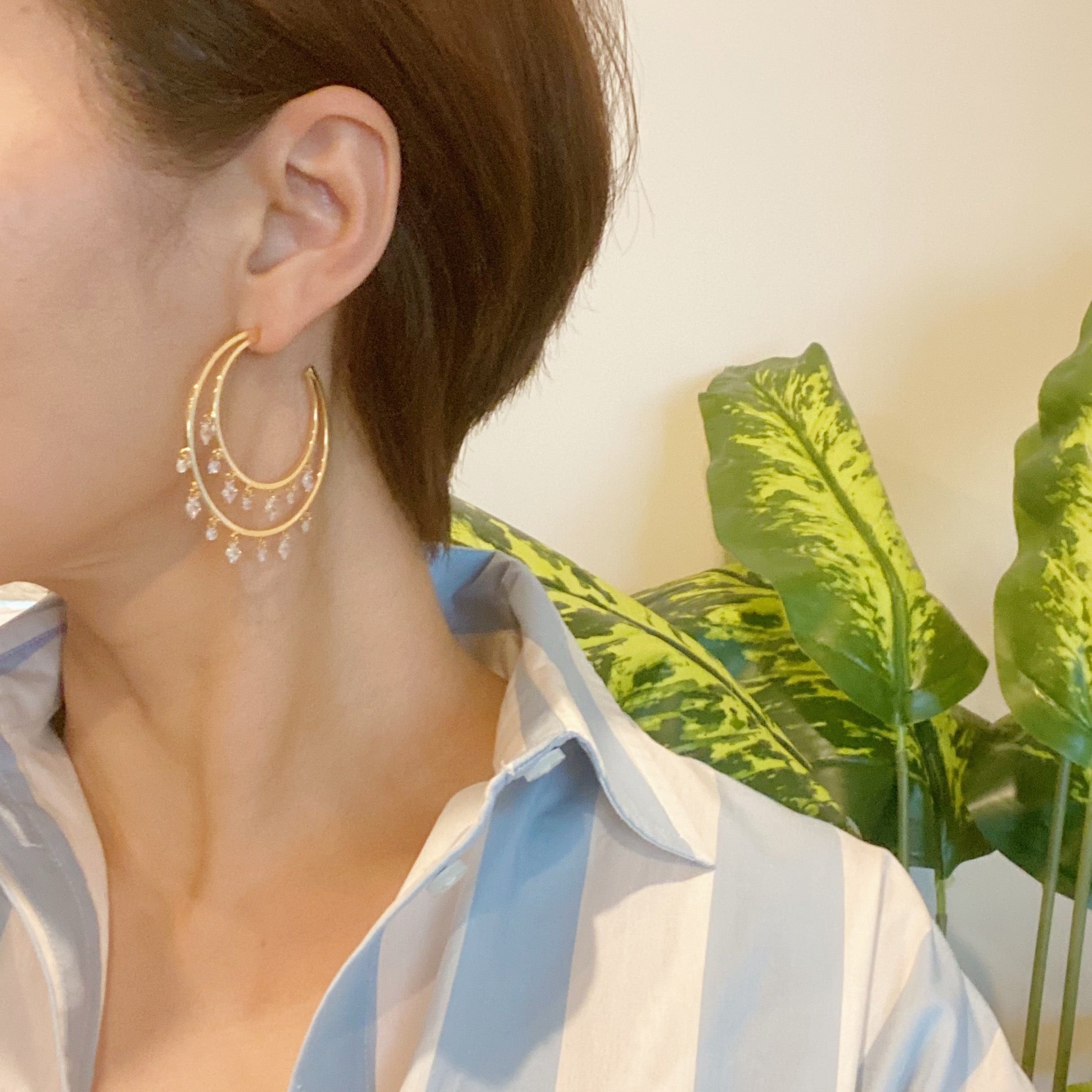 Doubled Hoop Crystal Dangle Earrings-3