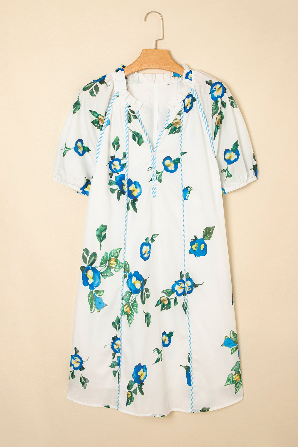 White Plus Size Floral Puff Sleeve Contrast Tie V Neck Flowy Dress