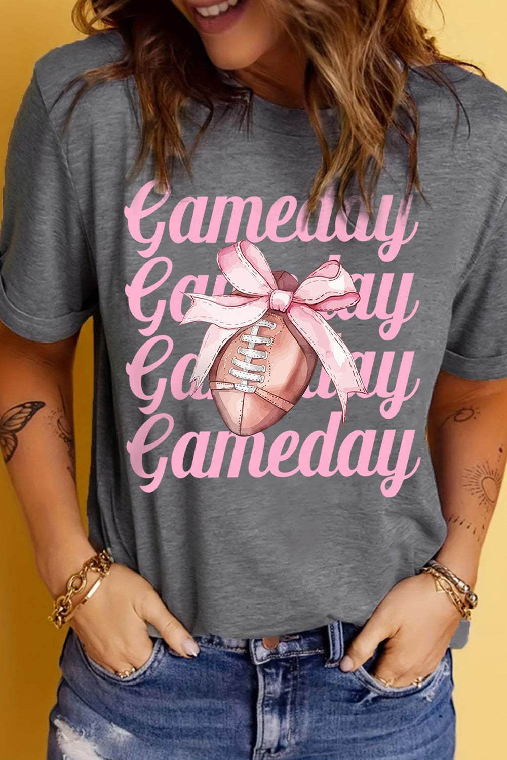 Gray Game Day Bowknot Football Graphic Casual Tee