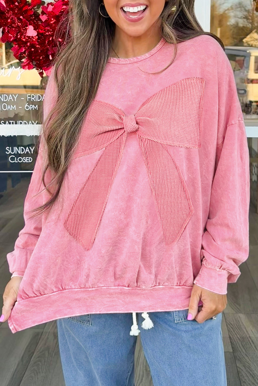 Bright Pink Mineral Wash Waffle Bow Patched Pullover Sweatshirt