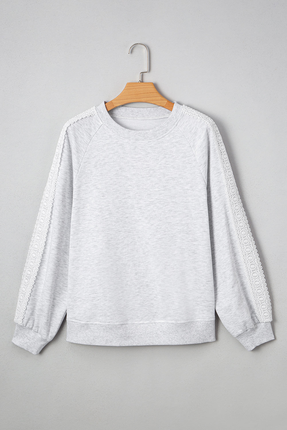 Light Grey Lace Applique Raglan Sleeve Crew Neck Sweatshirt