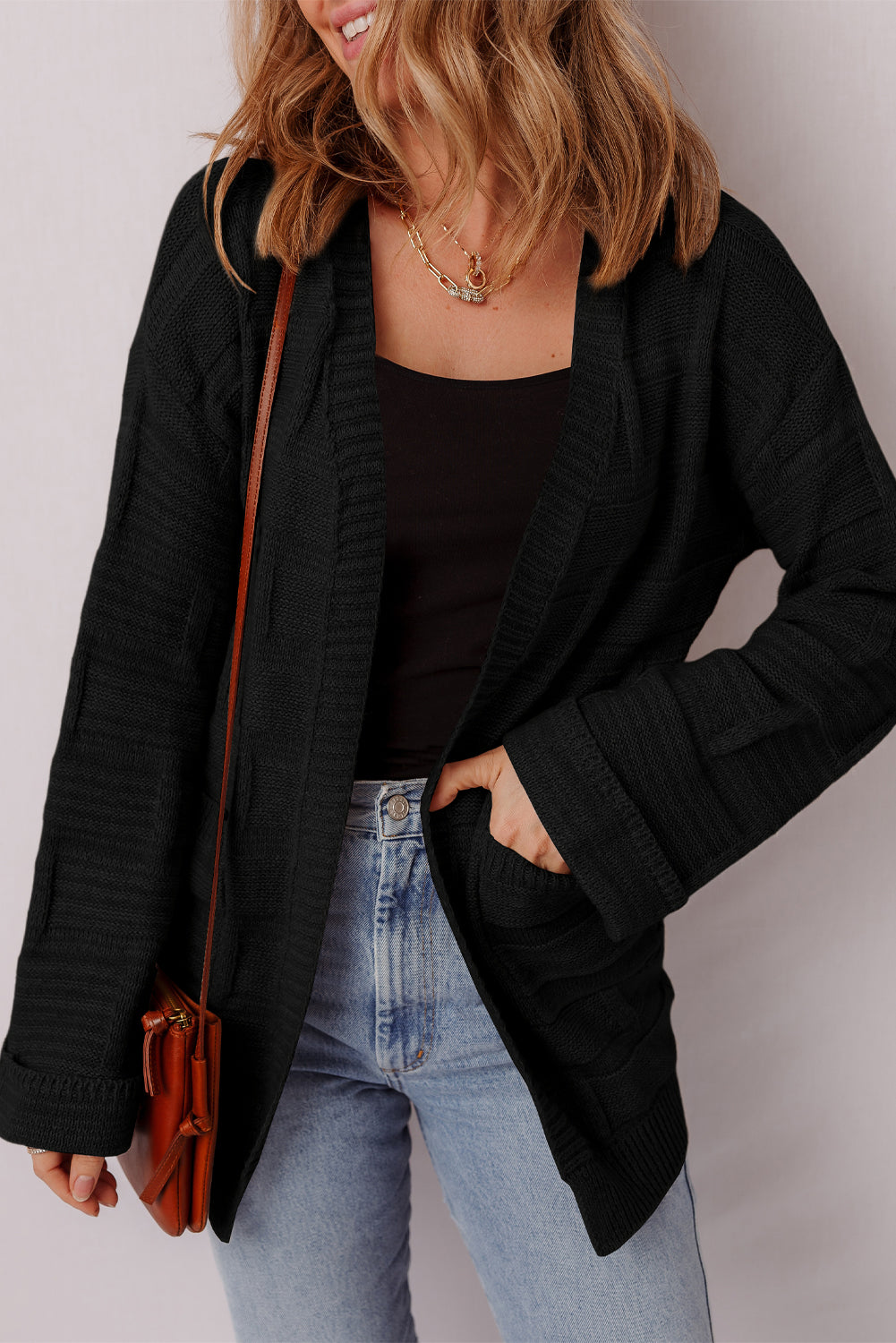 Black Solid Color Pocket Open Front Cardigan