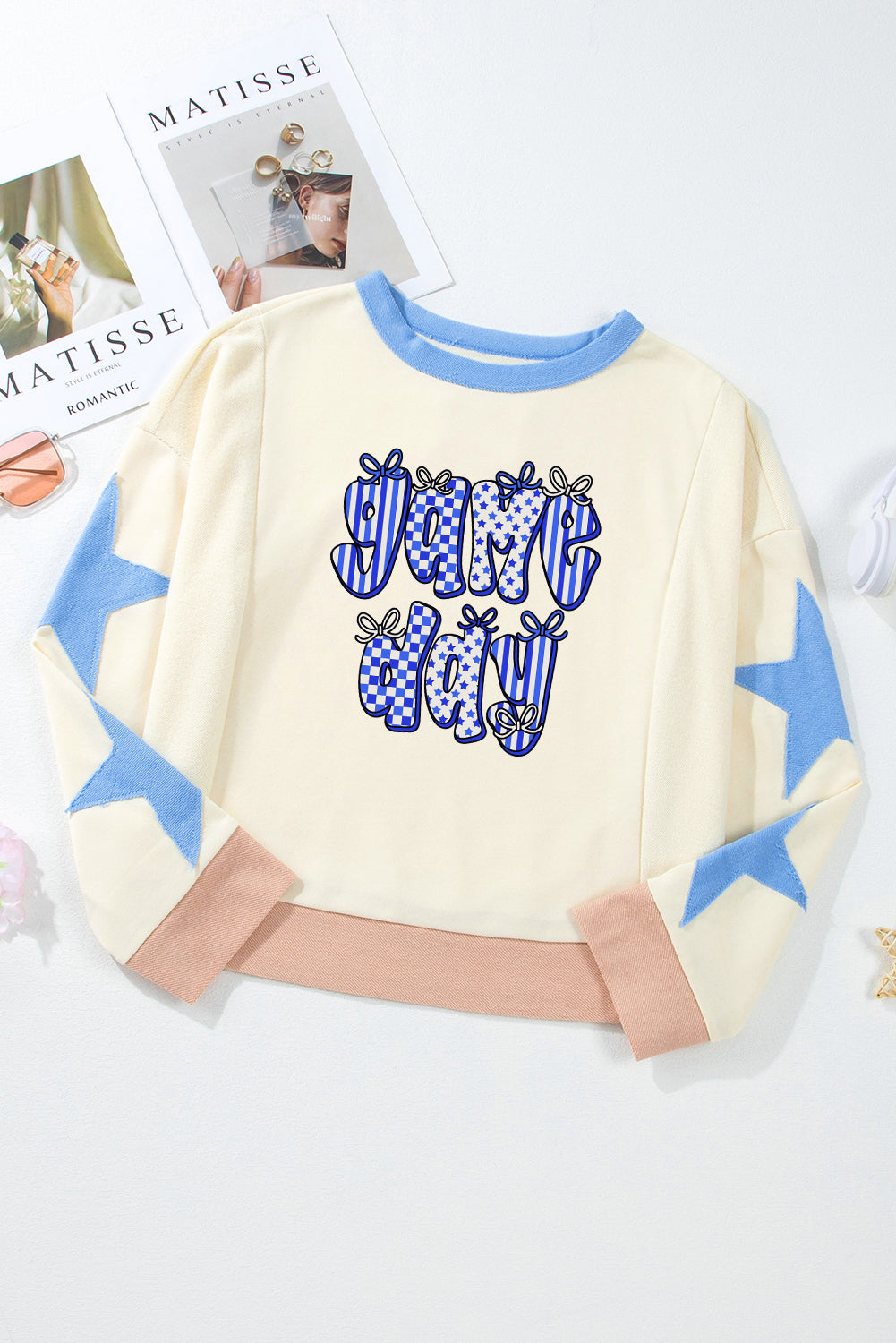 Beige game day Letter Star Patched Sleeve Sweatshirt