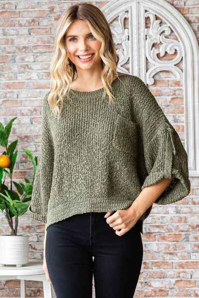 Veveret Round Neck Roll-Up Sweater-0