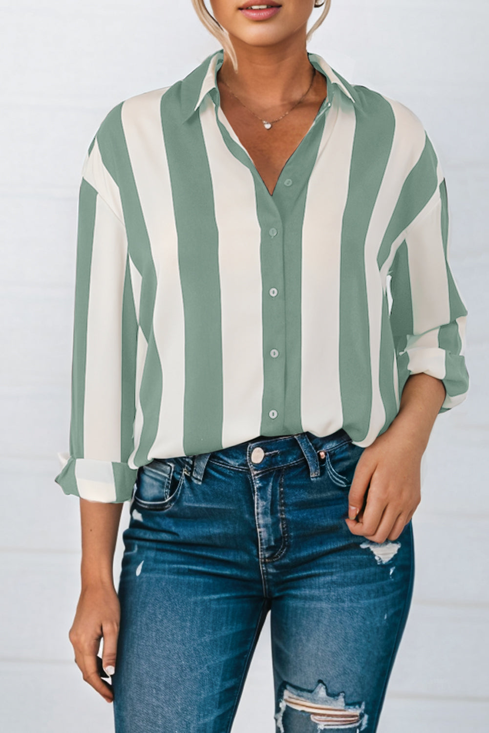 Green Striped Soft Relaxed Button Up Shirt