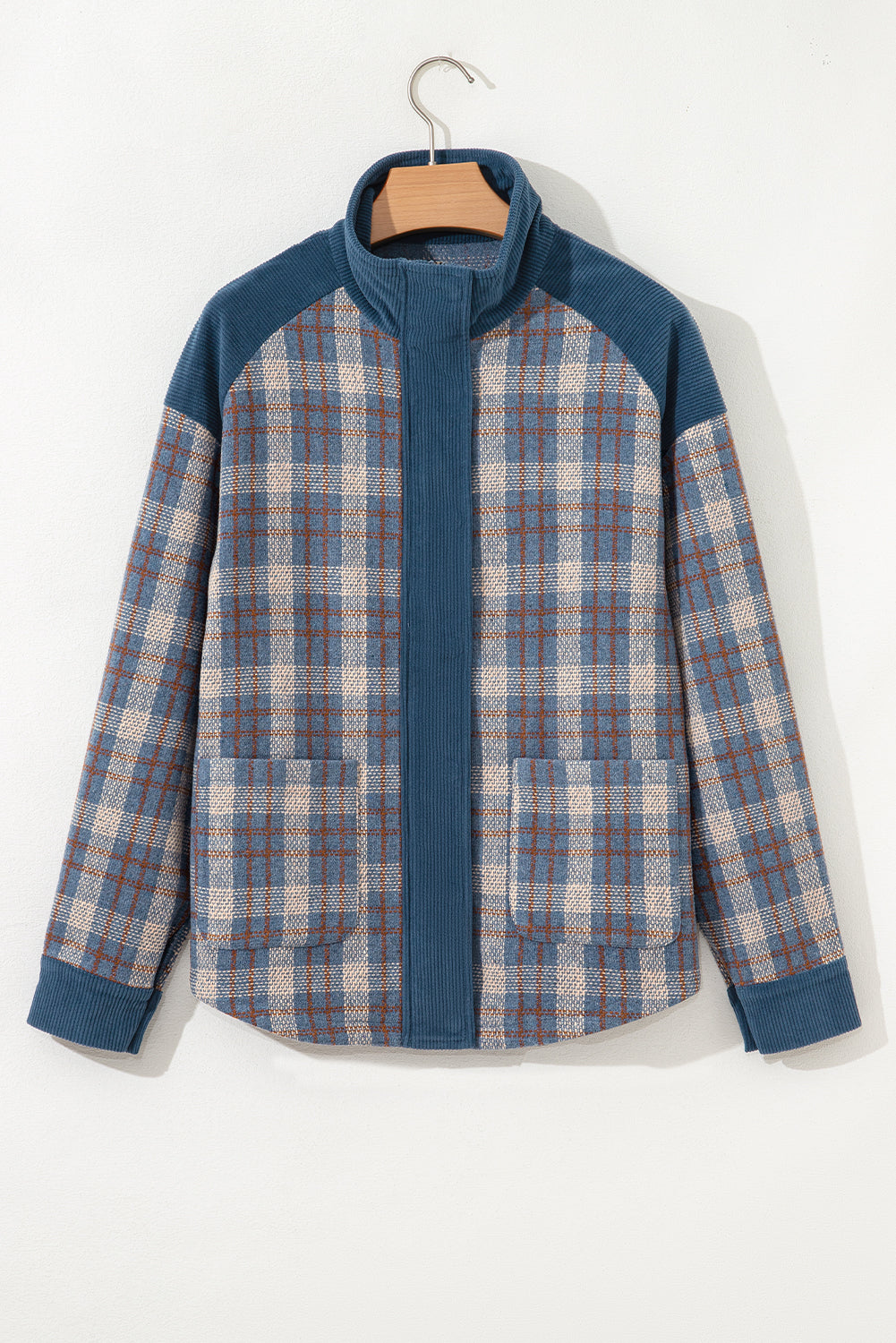 Gray Plaid Corduroy Patchwork Collared Zip Up Snap Button Jacket