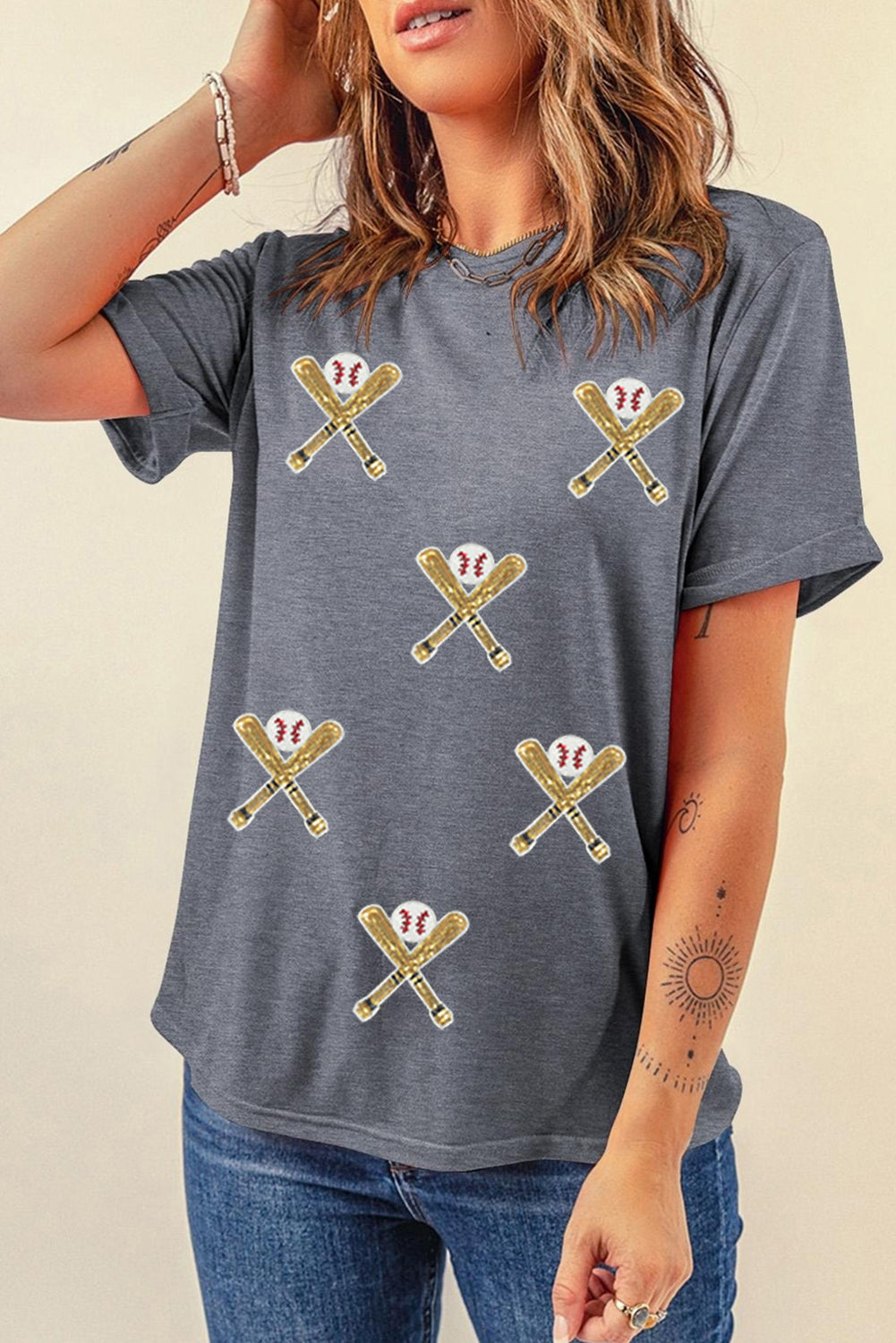 Gray Sequin Baseball Bat Graphic Game Day Casual Tee