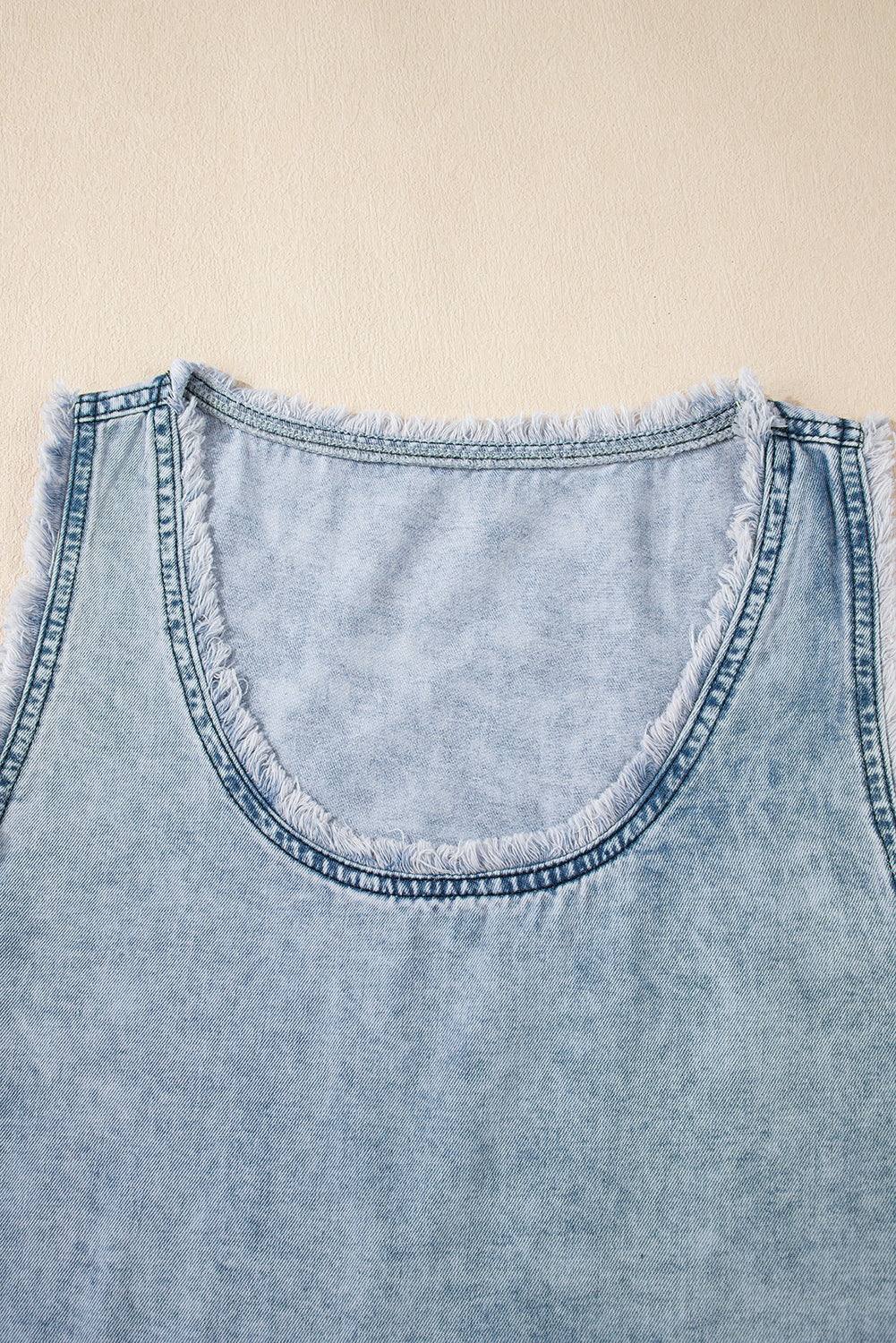 Beau Blue Mineral Wash Denim Frayed U Neck Sleeveless Top