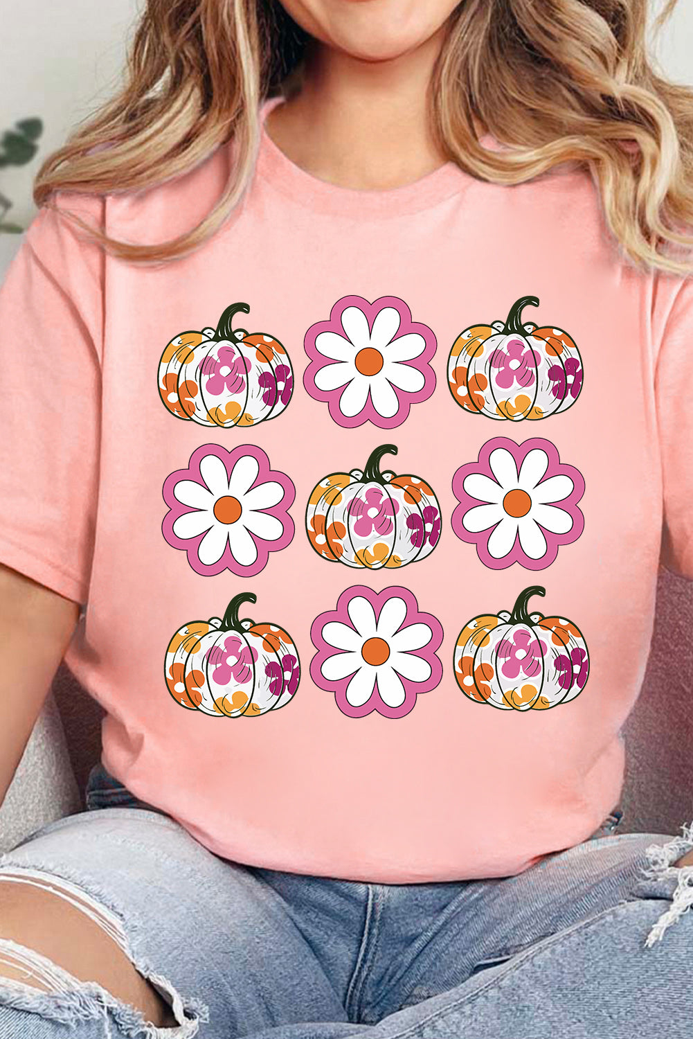 Pink Floral Pumpkin Thanksgiving Holiday Funny Graphic T Shirt