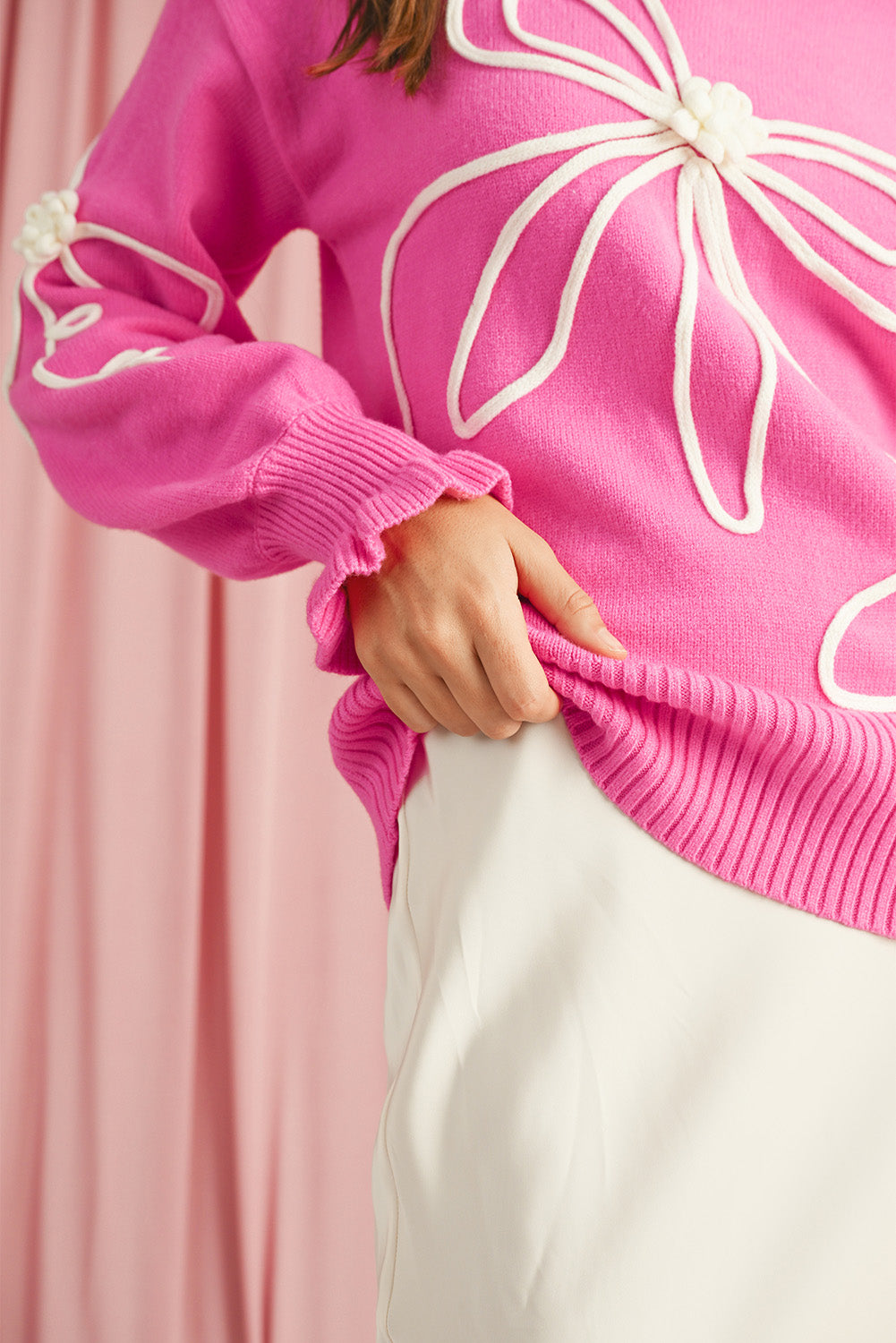 Bright Pink Sweet Bow Pattern Drop Sleeve Knit Sweater