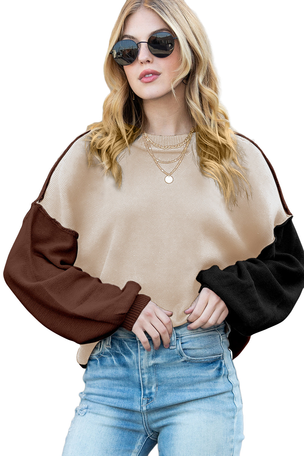 Brown Colorblock Bishop Sleeve Exposed Seam Ribbed Trim Sweater