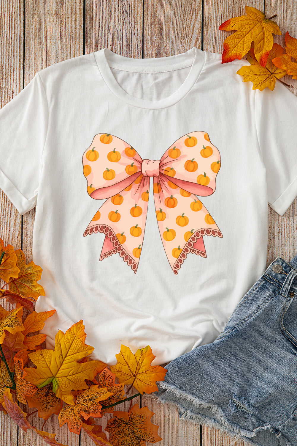 White Pumpkin Bow Print Thanksgiving T Shirt