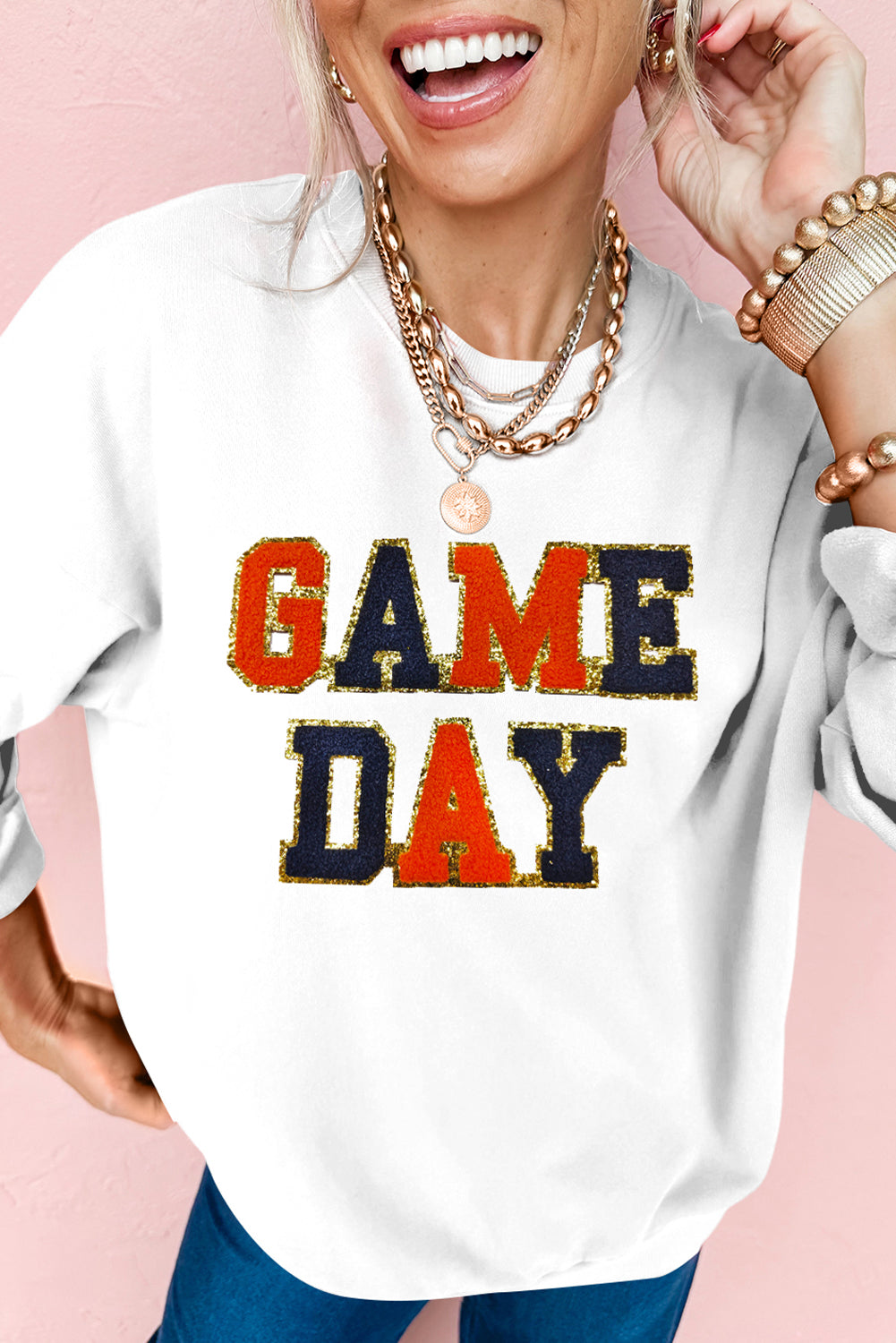 White Chenille GAME DAY Letter Round Neck Sweatshirt