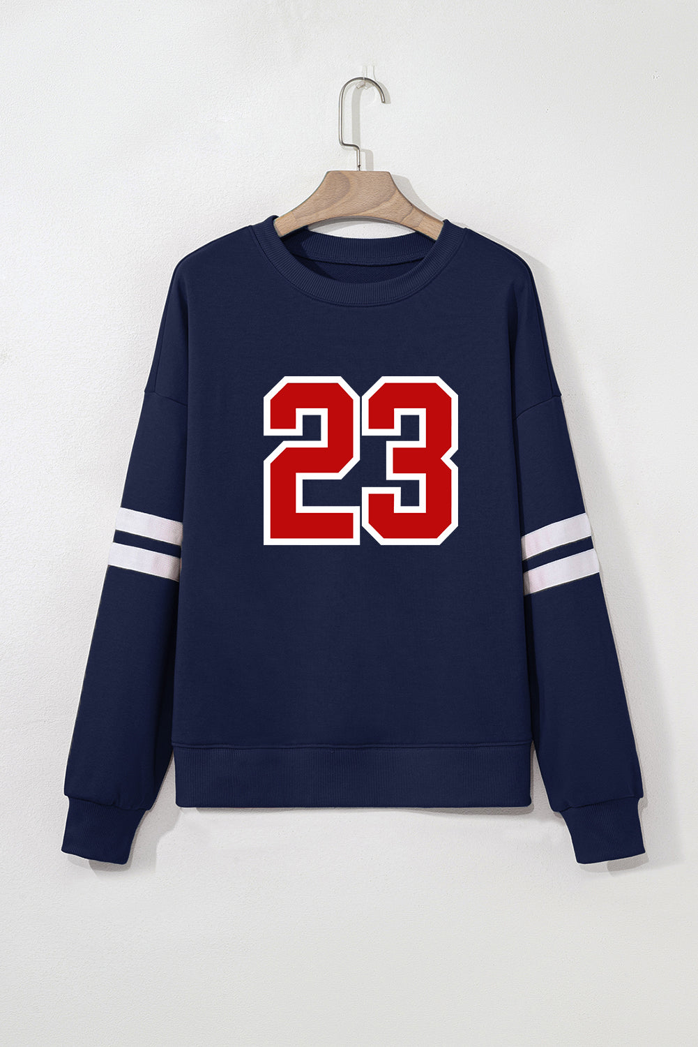 Navy Blue Number 23 Striped Sleeve Oversized Varsity Sweatshirt