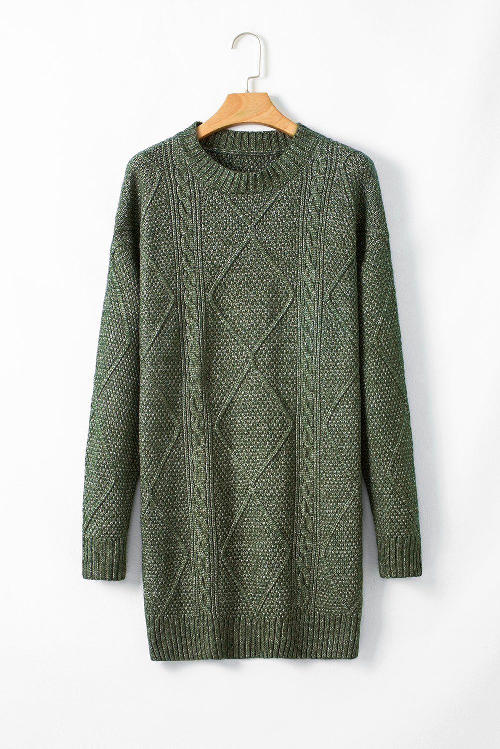 Mist Green Twist Cable Knit Drop Shoulder Loose Fit Sweater Dress