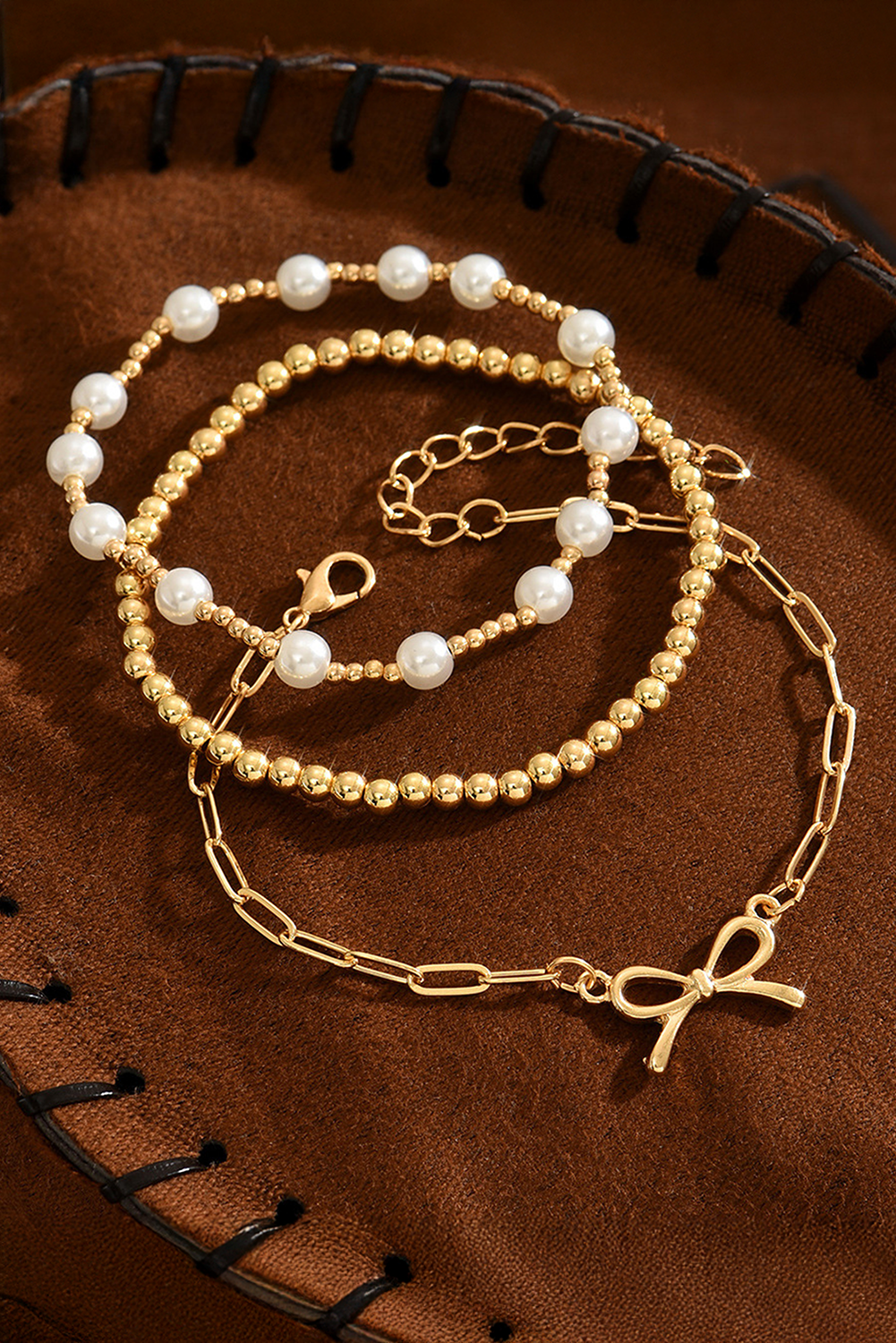 Gold Pearl Bead Bow Charm Layered Bracelet Set