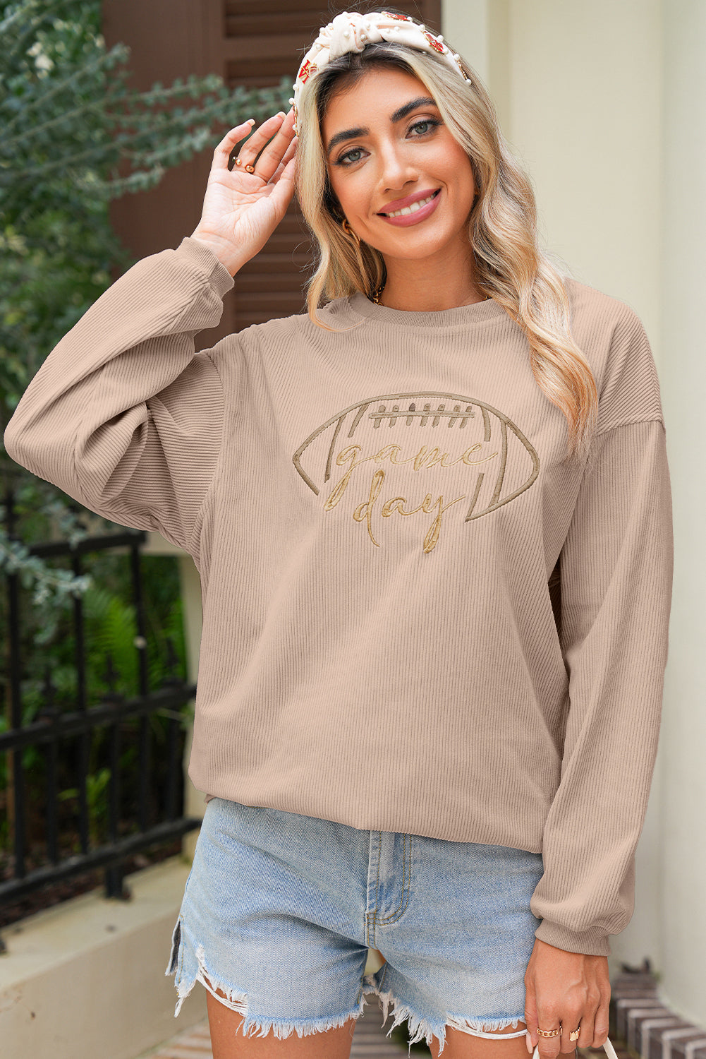Apricot Football Graphic Drop Shoulder Game Day Corded Sweatshirt