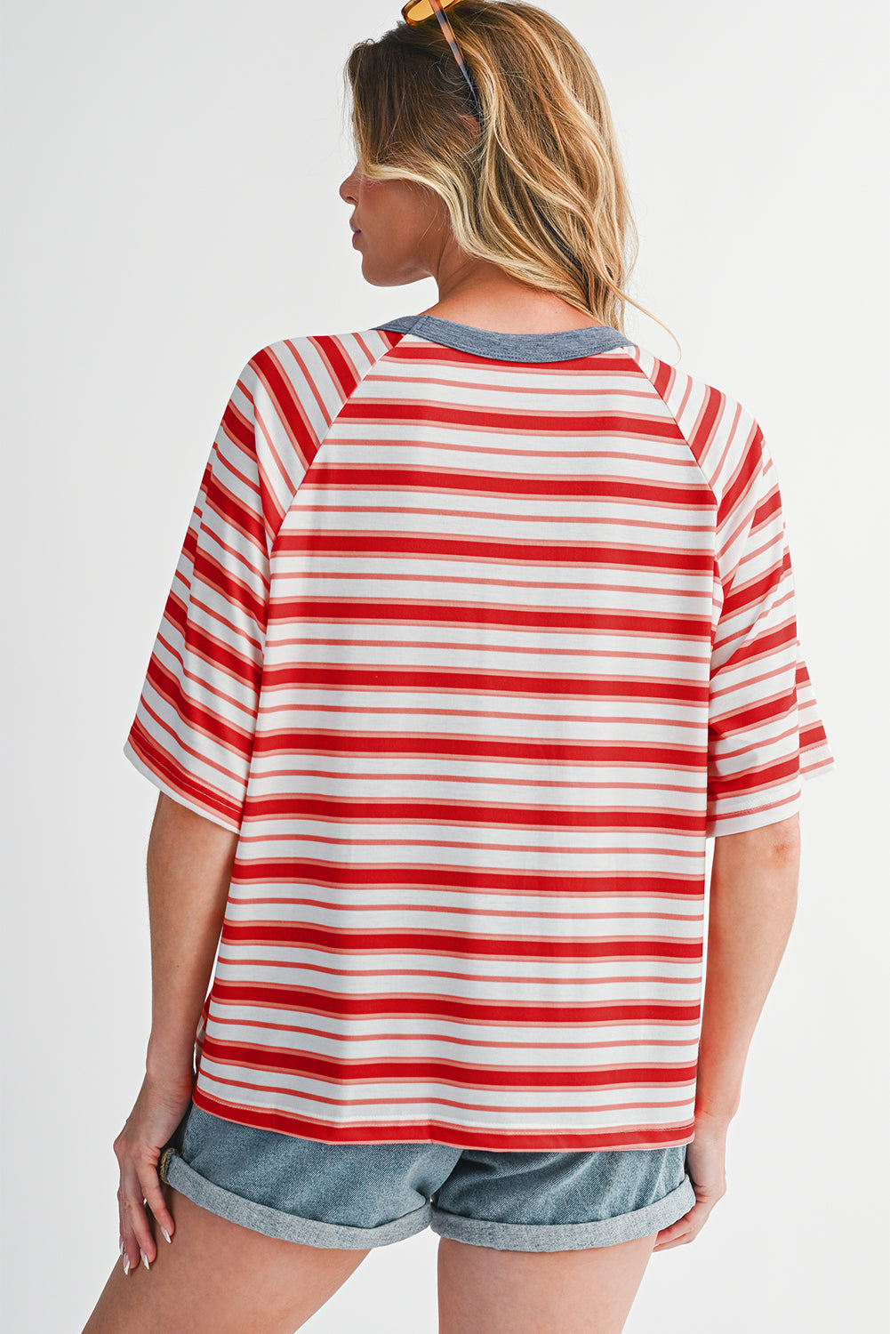 Tomato Red Striped Raglan Sleeve Contrast Neck T-Shirt