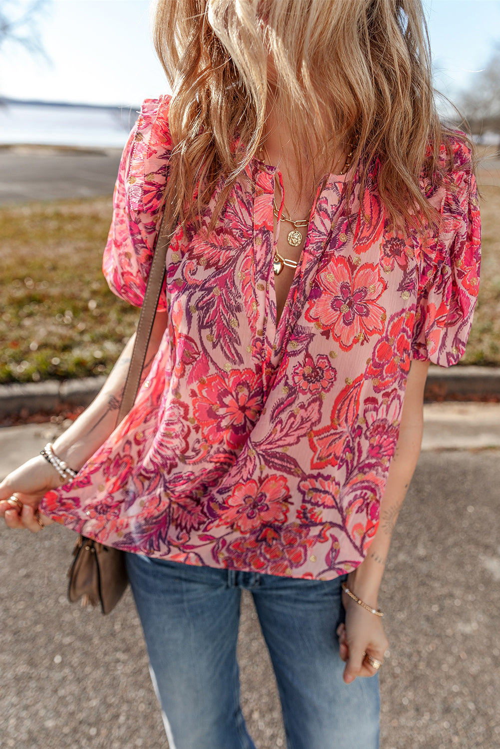 Red Floral Print Ruffle Puff Short Sleeve Blouse