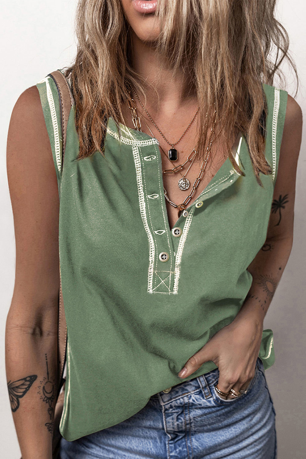 Mist Green Stitching Seam Henley Tank Top