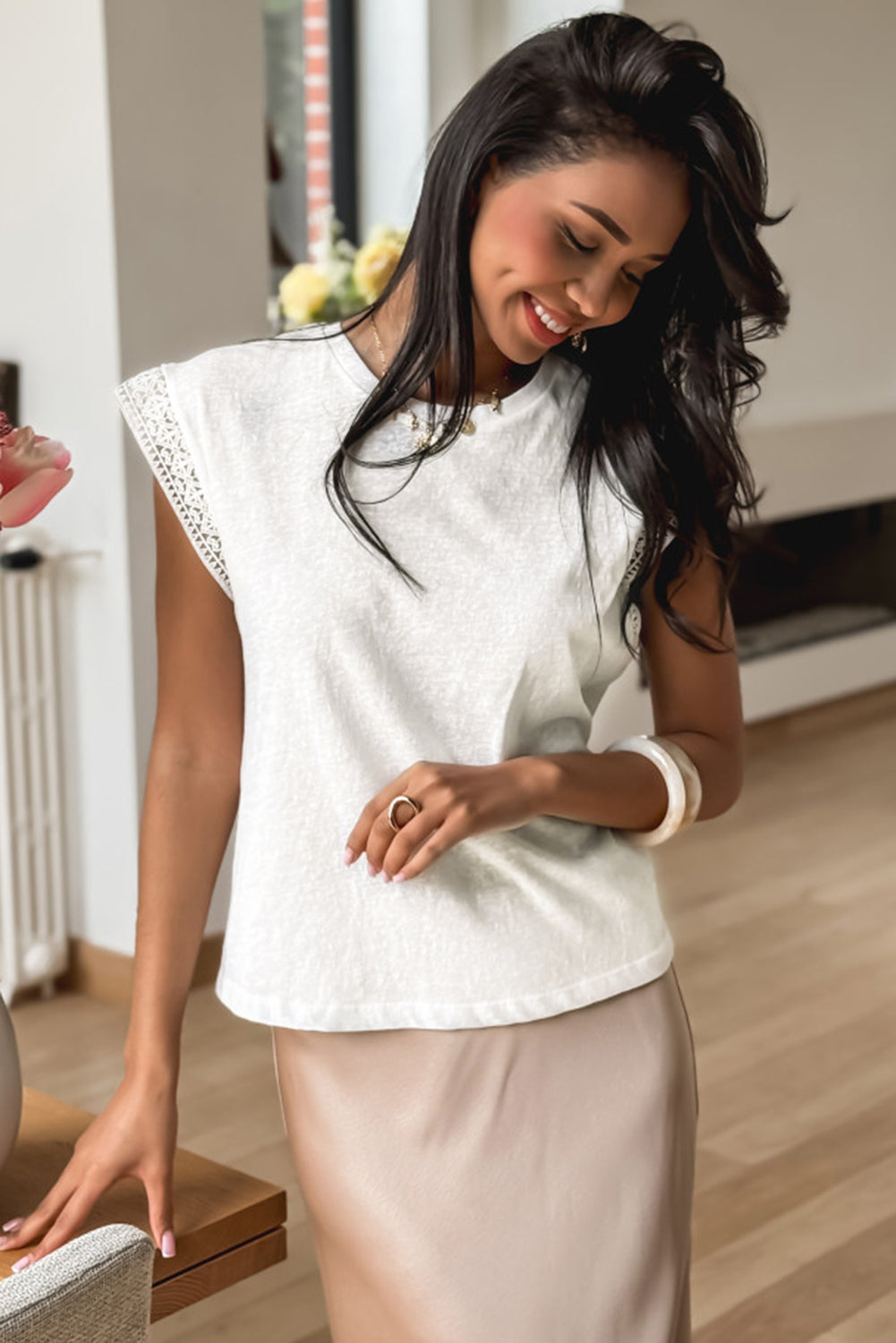 White Lace Patchwork Cap Sleeve Round Neck Top