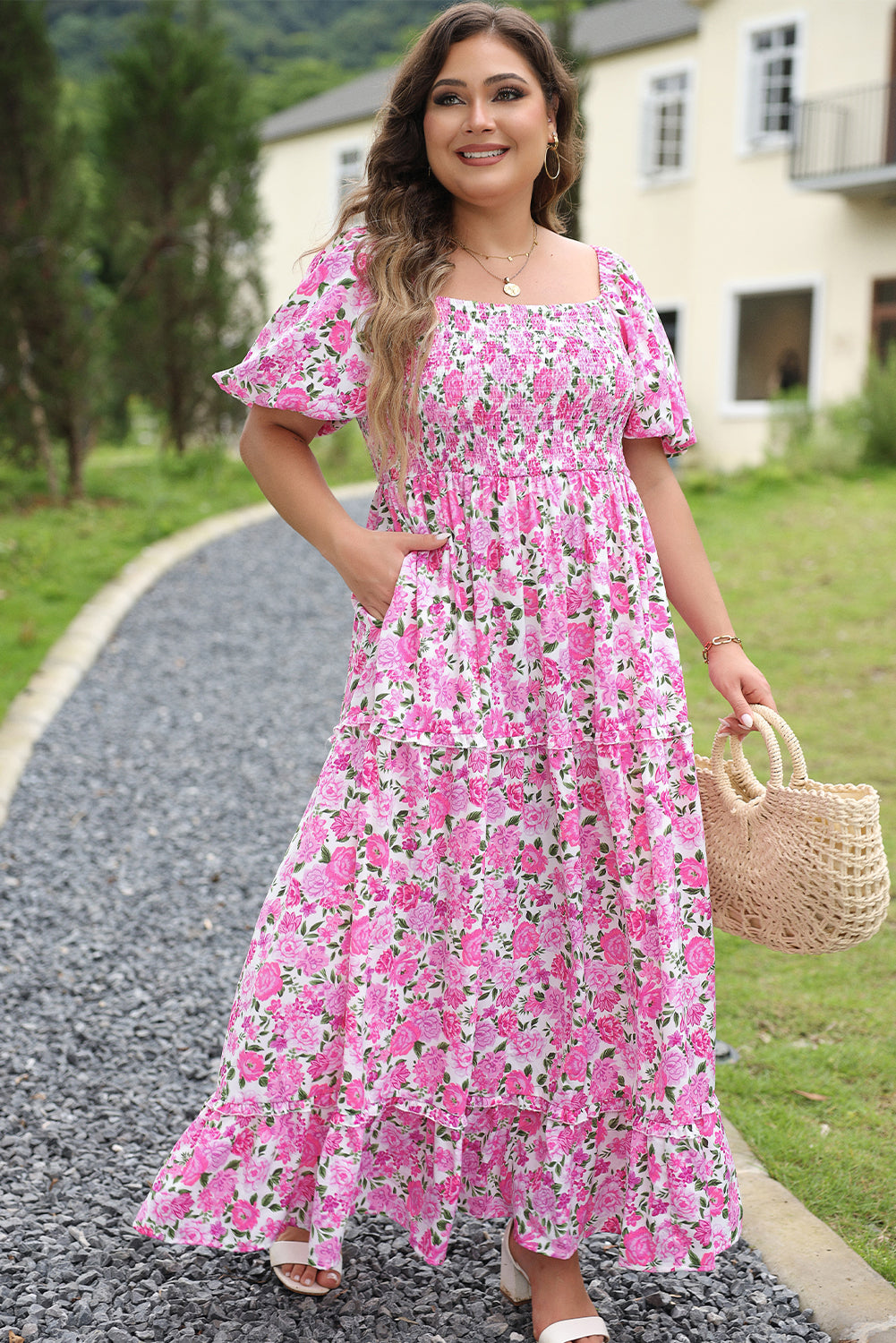 Pink Plus Size Floral Print Smocked Puff Sleeve Maxi Dress