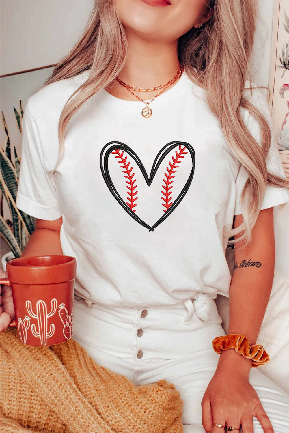 White Game Day Heart Shape Embroidery Graphic Tee