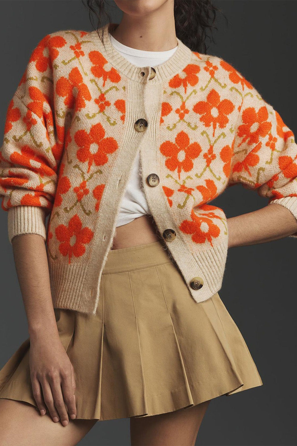 Orange Floral Button Round Neck Knit Cardigan